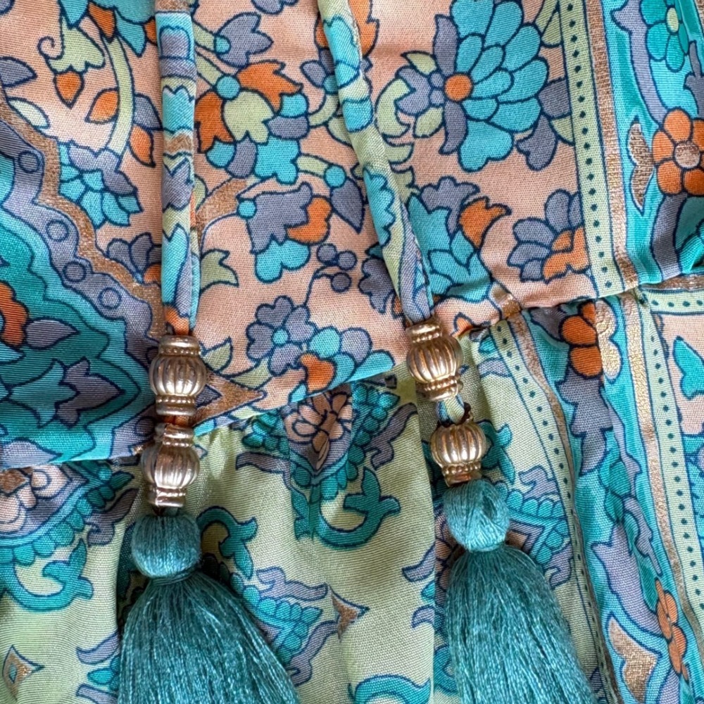 Silk Blend Plunging Mini Dress Aqua Paisley Kimono One Size Boho Miami V-neck - Picture 8 of 8